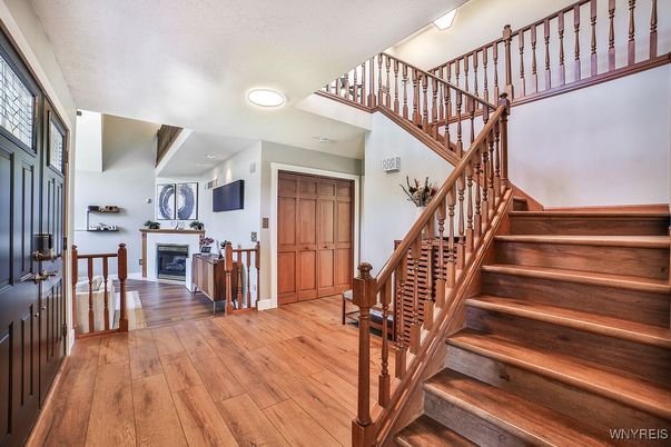 Fireplace, Interior, Recessed Lighting, Wood Texture Flooring