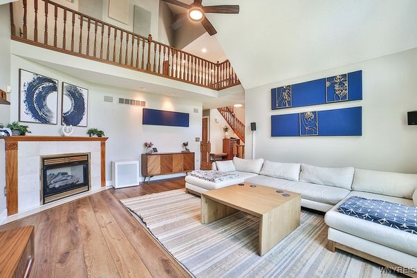 Fireplace, Interior, Living room, Recessed Lighting, Wood Texture Flooring