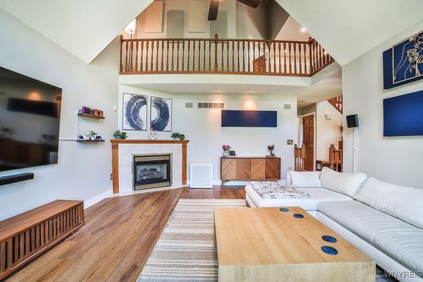 Fireplace, Interior, Living room, Recessed Lighting, Wood Texture Flooring
