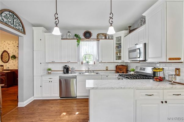 Interior, Kitchen, Pendant Lights, Stainless Steel Appliances, Wood Texture Flooring