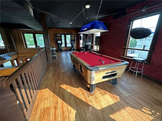 Billiard Table, Game Room, Interior, Pendant Lights, Wood Texture Flooring