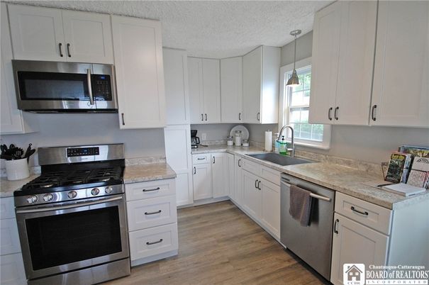 Interior, Kitchen, Pendant Lights, Stainless Steel Appliances, Wood Texture Flooring