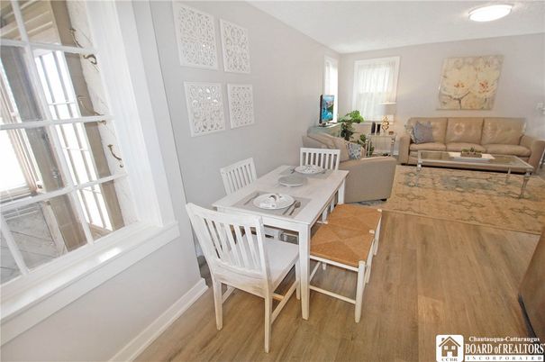 Dining room, Interior, Living room, Recessed Lighting, Wood Texture Flooring