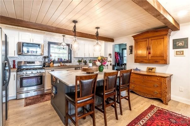 Interior, Kitchen, Pendant Lights, Stainless Steel Appliances, Wooden Beams, Wooden Ceilings, Wood Texture Flooring