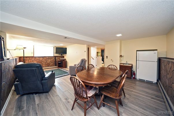 Dining room, Interior, Living room, Recessed Lighting, Wood Texture Flooring