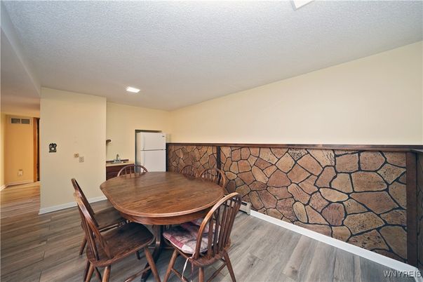Dining room, Interior, Recessed Lighting, Stone Walls, Wood Texture Flooring