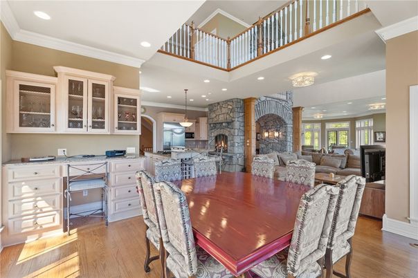 Dining room, Fireplace, Interior, Kitchen, Living room, Pendant Lights, Recessed Lighting, Wood Texture Flooring