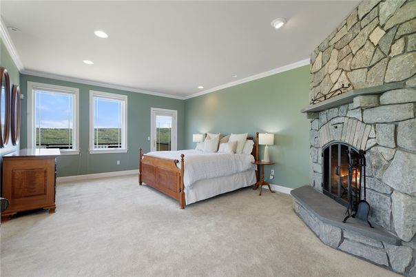 Bedroom, Fireplace, Interior, Recessed Lighting, Stone Walls