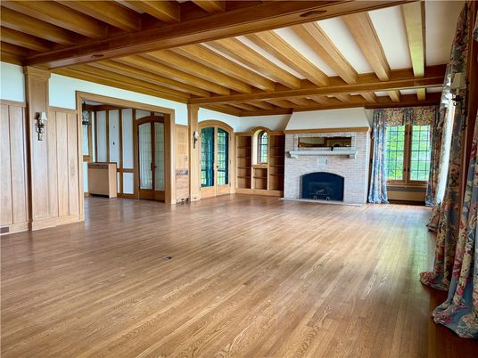 Empty room, Fireplace, Interior, Wooden Beams, Wood Texture Flooring