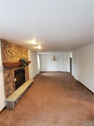 Chandelier, Empty room, Fireplace, Interior, Stone Walls