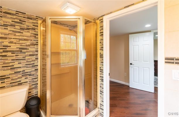 Bathroom, Glass Shower, Interior, Recessed Lighting, Wood Texture Flooring