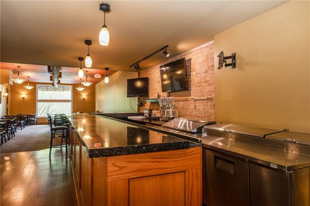 Interior, Kitchen, Pendant Lights, Stone Walls, Wood Texture Flooring