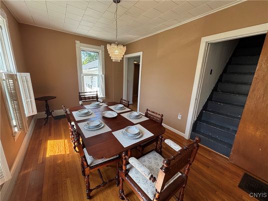 Chandelier, Dining room, Interior, Wood Texture Flooring