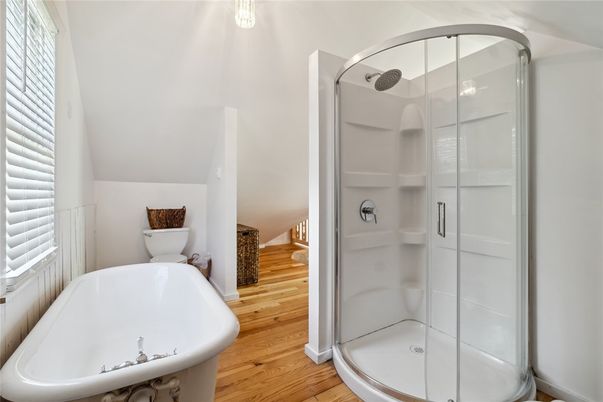 Bathroom, Glass Shower, Interior, Wood Texture Flooring