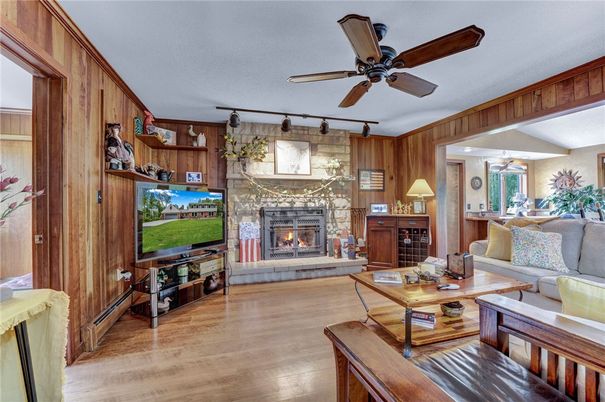 Fireplace, Interior, Living room, Stone Walls, Wood Texture Flooring, Wooden Walls