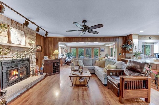Fireplace, Interior, Living room, Recessed Lighting, Wood Texture Flooring, Wooden Walls
