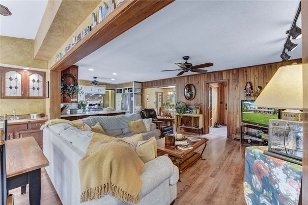 Interior, Kitchen, Living room, Recessed Lighting, Wood Texture Flooring, Wooden Walls