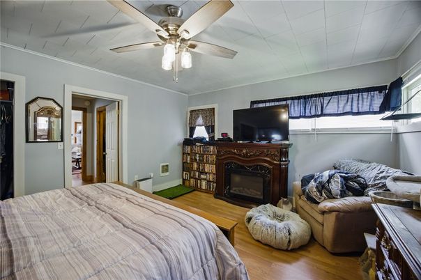 Bedroom, Fireplace, Interior, Wood Texture Flooring
