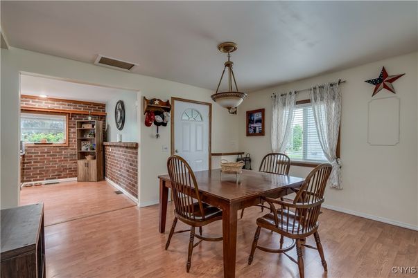 Dining room, Interior, Pendant Lights, Stone Walls, Wood Texture Flooring