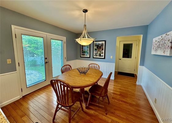 Dining room, Interior, Pendant Lights, Wood Texture Flooring