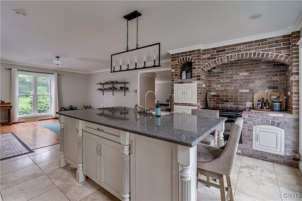 Interior, Kitchen, Pendant Lights, Stone Walls, Wood Texture Flooring