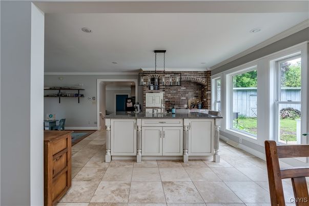 Interior, Kitchen, Pendant Lights, Recessed Lighting, Stone Walls