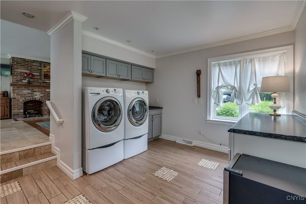 Fireplace, Interior, Stone Walls, Washer, Wood Texture Flooring