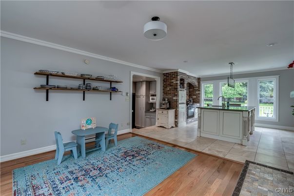 Dining room, Interior, Kitchen, Pendant Lights, Stone Walls, Wood Texture Flooring