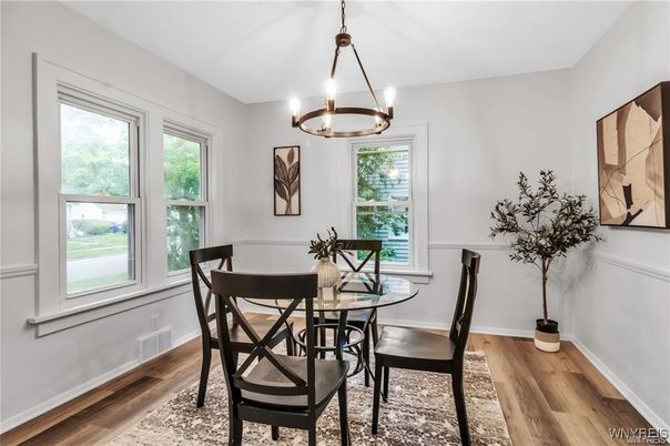 Dining room, Interior, Pendant Lights, Wood Texture Flooring