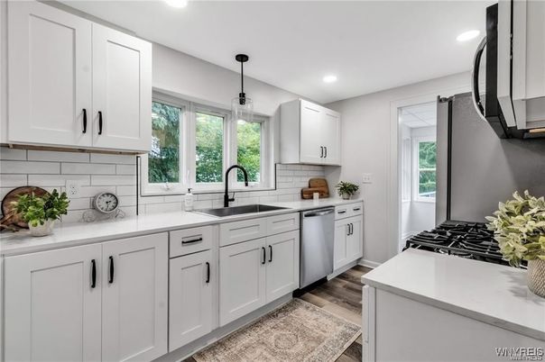 Interior, Kitchen, Pendant Lights, Recessed Lighting, Stainless Steel Appliances, Wood Texture Flooring