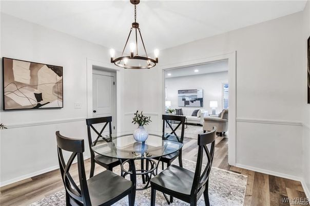 Dining room, Interior, Living room, Pendant Lights, Recessed Lighting, Wood Texture Flooring