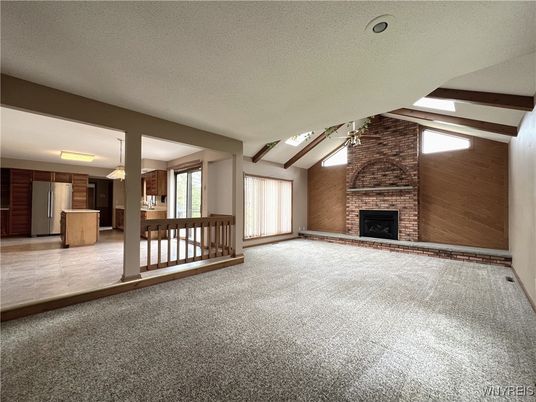 Empty room, Fireplace, Interior, Stone Walls, Wooden Beams