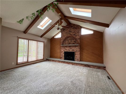 Empty room, Fireplace, Interior, Stone Walls, Wooden Beams, Wooden Walls