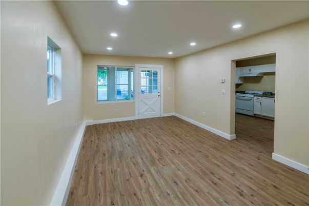 Empty room, Interior, Kitchen, Recessed Lighting, Wood Texture Flooring