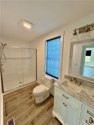 Bathroom, Glass Shower, Interior, Wood Texture Flooring