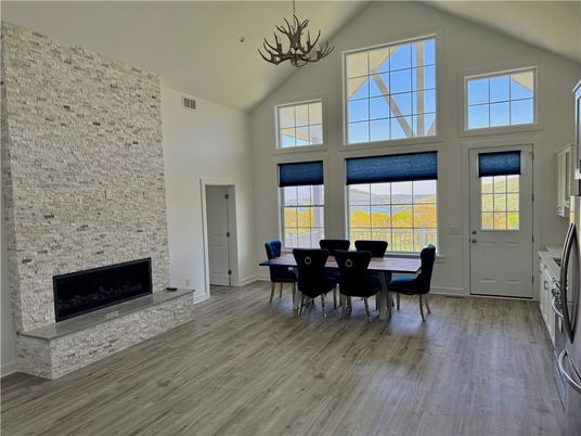 Dining room, Fireplace, Interior, Wood Texture Flooring