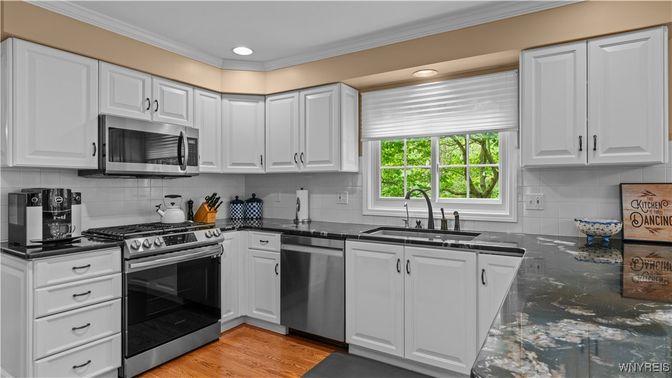 Interior, Kitchen, Recessed Lighting, Stainless Steel Appliances, Wood Texture Flooring