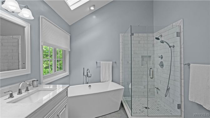 Bathroom, Free Standing Baths, Glass Shower, Interior, Recessed Lighting