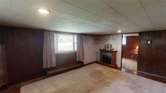 Empty room, Fireplace, Interior, Recessed Lighting, Wooden Walls