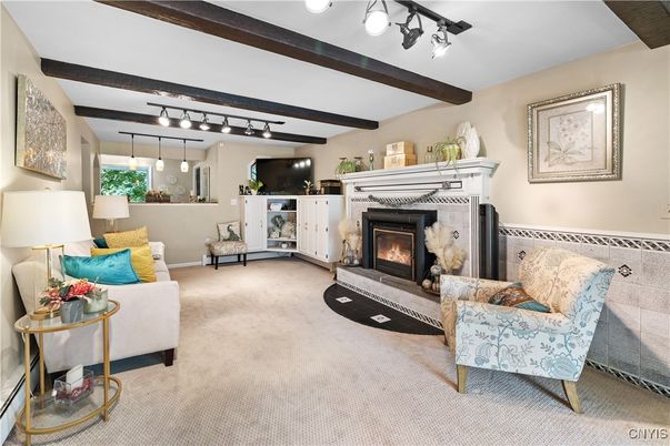 Fireplace, Interior, Living room, Pendant Lights, Wooden Beams