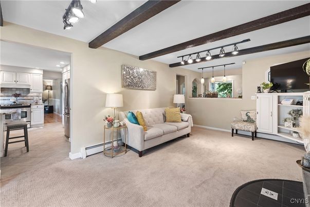 Interior, Kitchen, Living room, Recessed Lighting, Stainless Steel Appliances, Wooden Beams