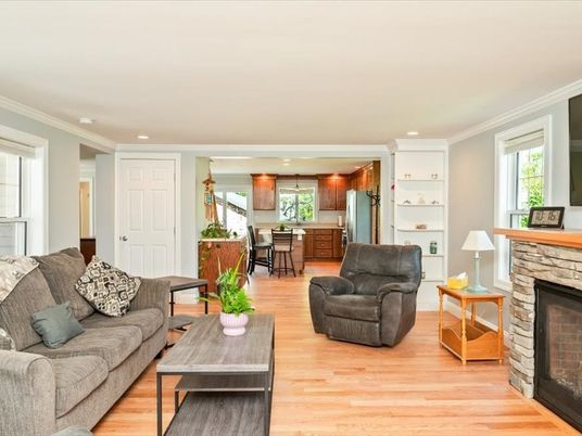 Dining room, Fireplace, Interior, Kitchen, Living room, Pendant Lights, Recessed Lighting, Wood Texture Flooring