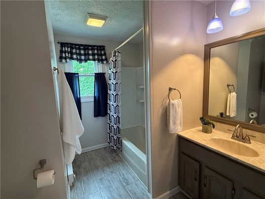 Bathroom, Glass Shower, Interior, Pendant Lights, Wood Texture Flooring