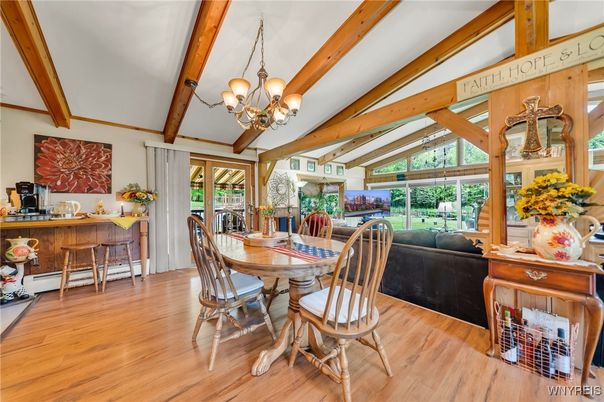 Chandelier, Dining room, Interior, Living room, Wooden Beams, Wood Texture Flooring