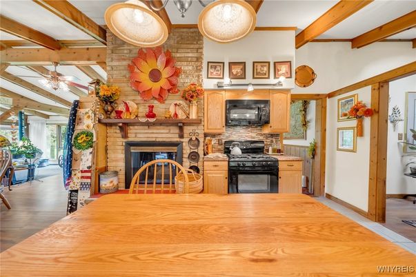 Dining room, Fireplace, Interior, Kitchen, Wooden Beams, Wood Texture Flooring