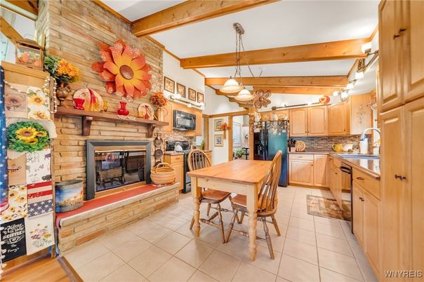 Dining room, Fireplace, Interior, Kitchen, Pendant Lights, Wooden Beams