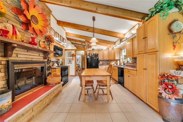 Dining room, Fireplace, Interior, Kitchen, Pendant Lights
