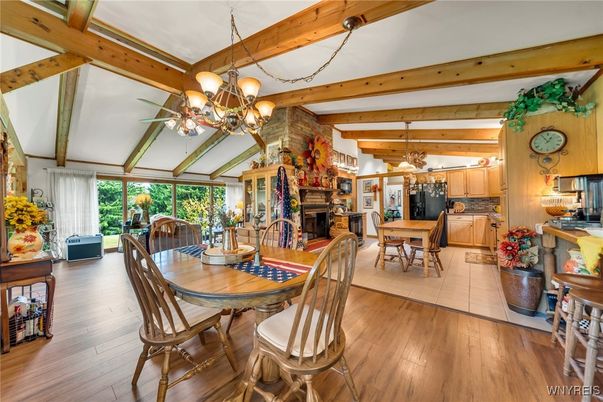 Chandelier, Dining room, Fireplace, Interior, Kitchen, Pendant Lights, Wooden Beams, Wood Texture Flooring