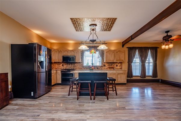 Interior, Kitchen, Pendant Lights, Wooden Beams, Wood Texture Flooring