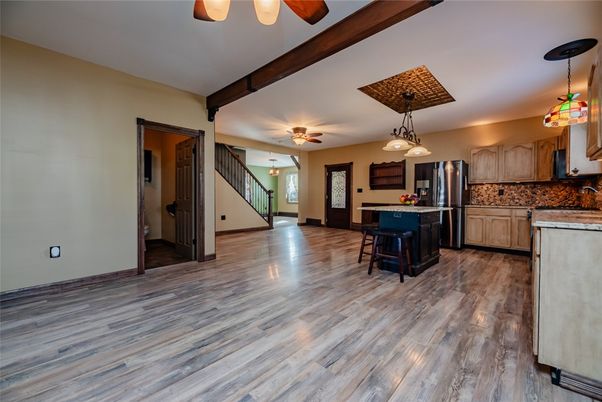 Interior, Kitchen, Pendant Lights, Stainless Steel Appliances, Wood Texture Flooring